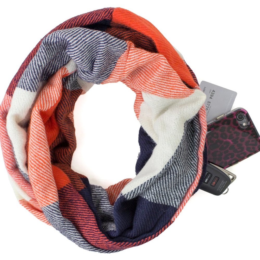Orange-Multi Plaid Infinity Scarf with Hidden Zipper Pocket Scarf